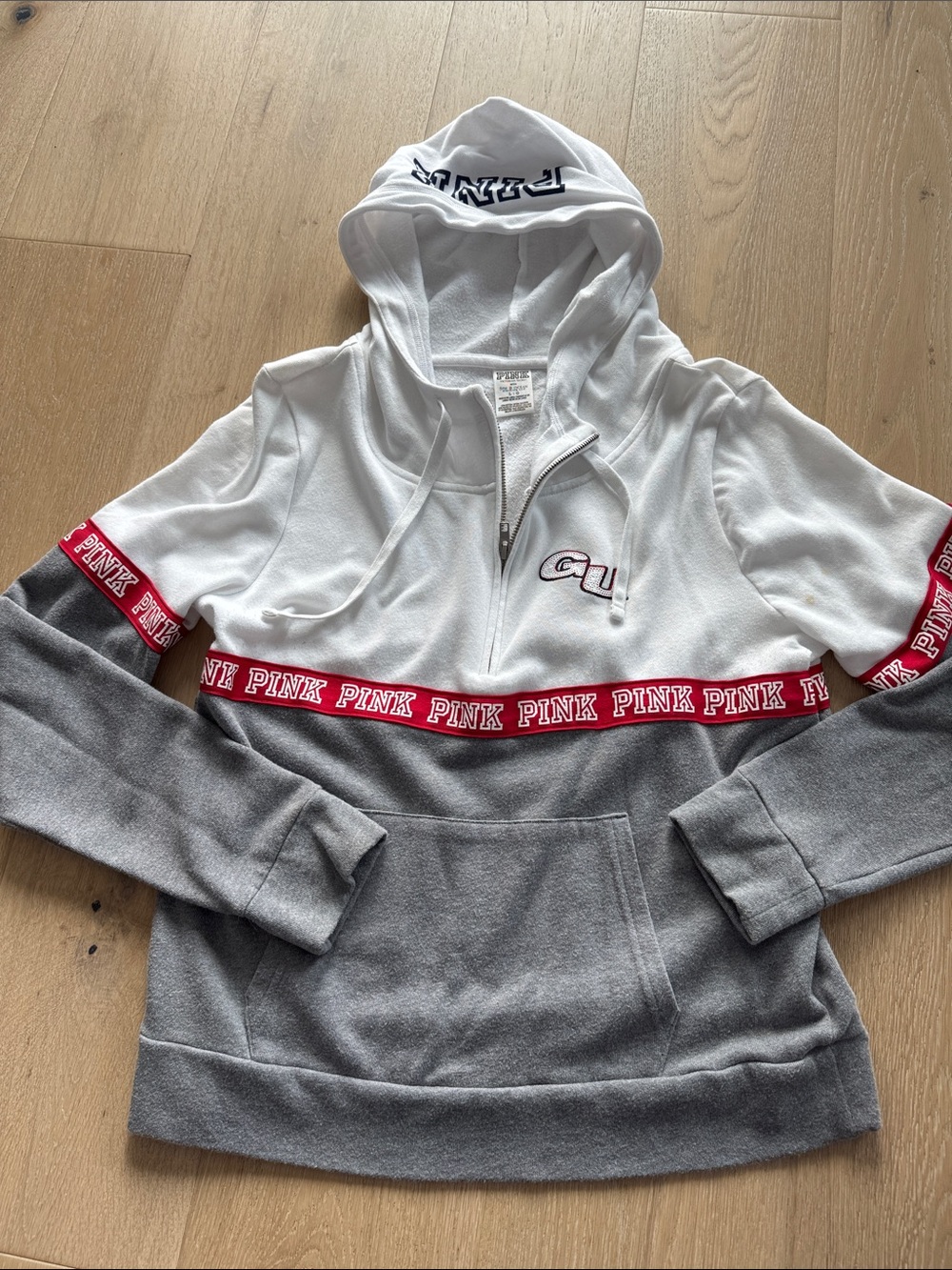 Rare PINK Victoria's Secret Colorblock Half-Zip Hoodie Sweater in White & Gray
